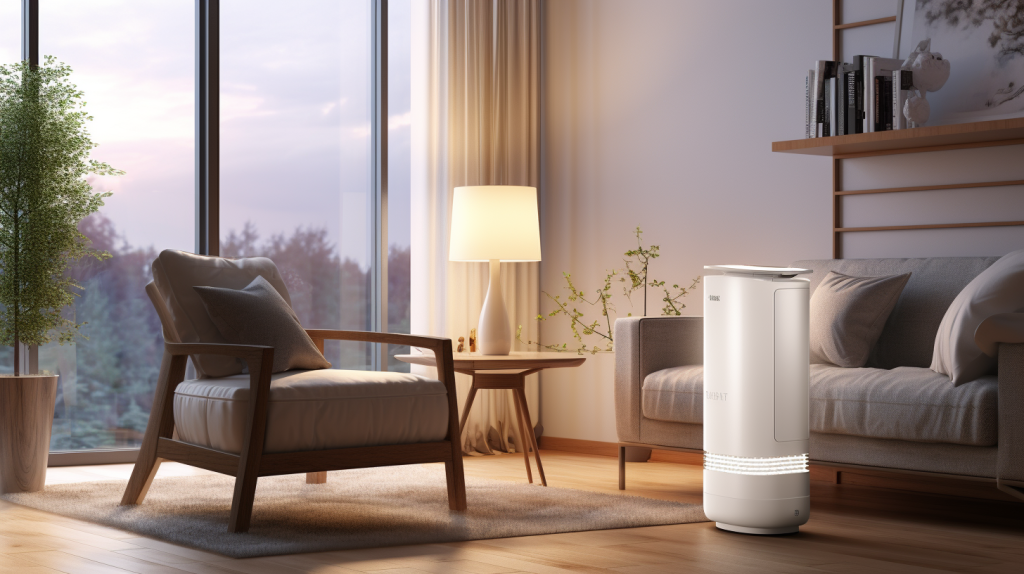 Energy efficient dehumidifier in an atmospheric, soft-lit living room