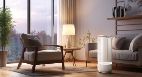 Energy efficient dehumidifier in an atmospheric, soft-lit living room